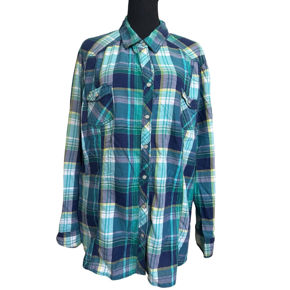 Old Navy Womens XXL Teal Navy Plaid Western Snap Front Long Sleeve Shirt